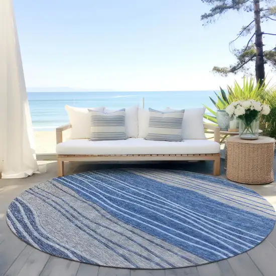 8' Navy Blue And Gray Round Striped Washable Indoor Outdoor Area Rug Photo 6