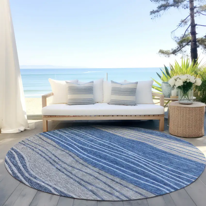 8' Navy Blue And Gray Round Striped Washable Indoor Outdoor Area Rug Photo 6