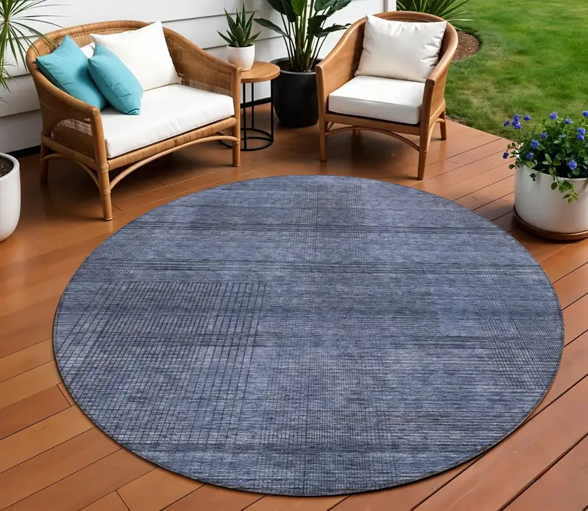 8' Navy Blue And Gray Round Striped Washable Indoor Outdoor Area Rug Photo 7