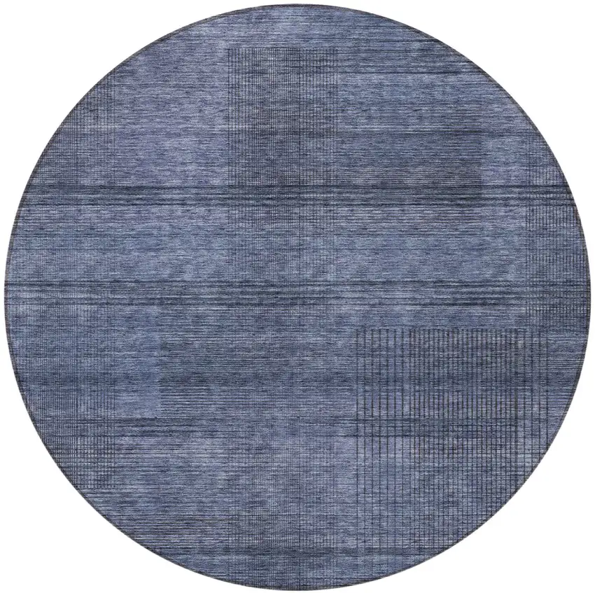 8' Navy Blue And Gray Round Striped Washable Indoor Outdoor Area Rug Photo 2