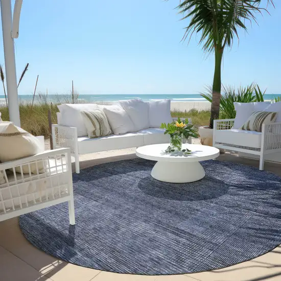 8' Navy Blue And Gray Round Striped Washable Indoor Outdoor Area Rug Photo 3