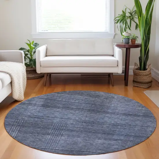 8' Navy Blue And Gray Round Striped Washable Indoor Outdoor Area Rug Photo 4