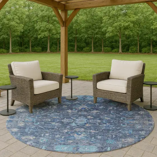 8' Navy Blue And Gray Round Tribal Washable Indoor Outdoor Area Rug Photo 8