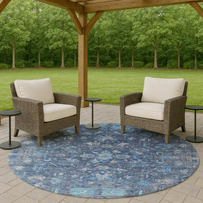 8' Navy Blue And Gray Round Tribal Washable Indoor Outdoor Area Rug Photo 8