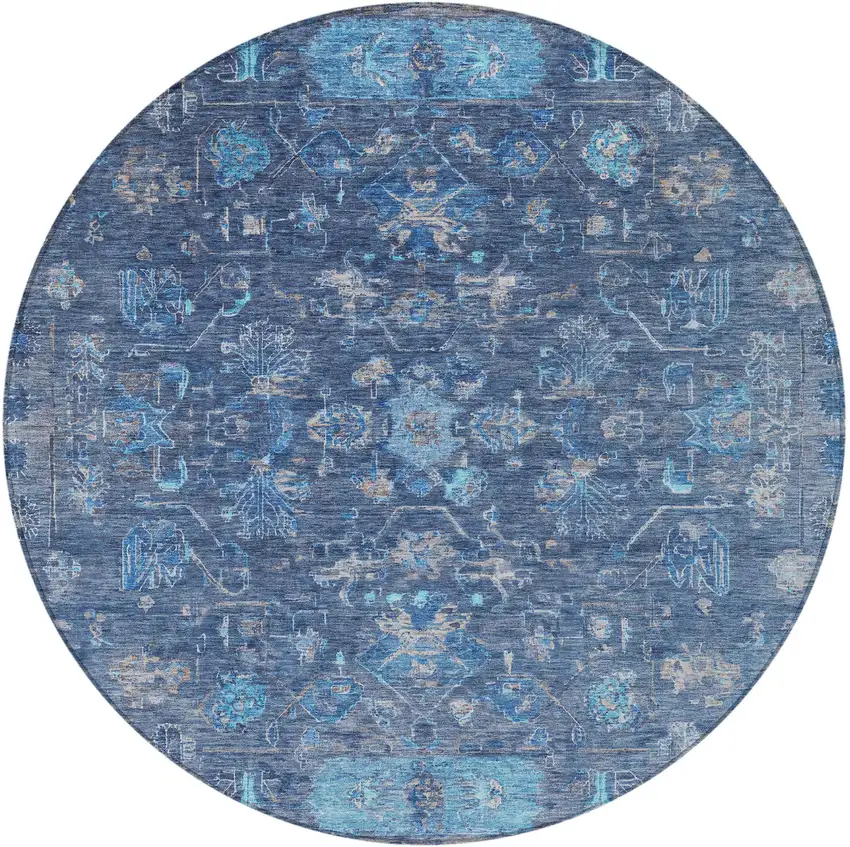 8' Navy Blue And Gray Round Tribal Washable Indoor Outdoor Area Rug Photo 4