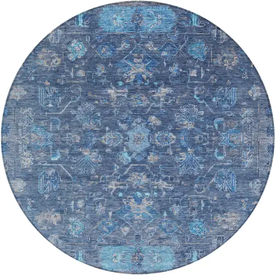 8' Navy Blue And Gray Round Tribal Washable Indoor Outdoor Area Rug Photo 2