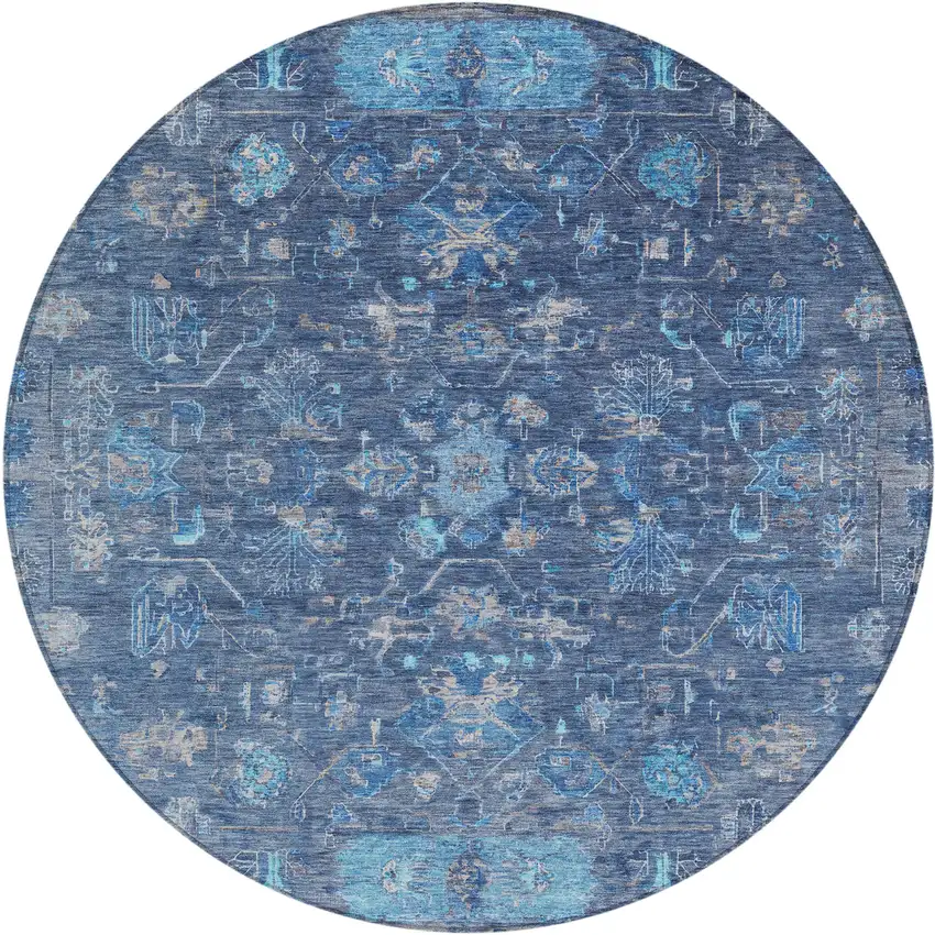 8' Navy Blue And Gray Round Tribal Washable Indoor Outdoor Area Rug Photo 2
