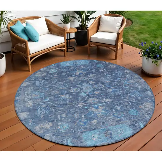 8' Navy Blue And Gray Round Tribal Washable Indoor Outdoor Area Rug Photo 1