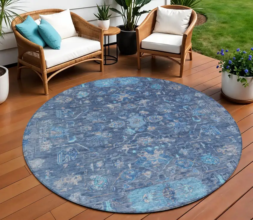 8' Navy Blue And Gray Round Tribal Washable Indoor Outdoor Area Rug Photo 1