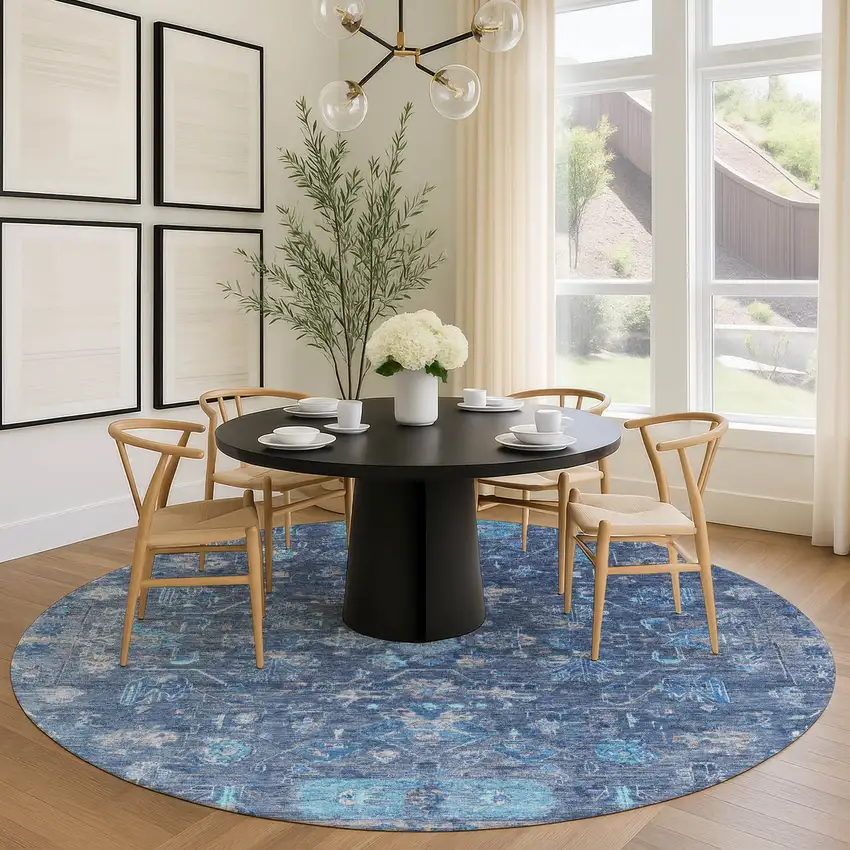 8' Navy Blue And Gray Round Tribal Washable Indoor Outdoor Area Rug Photo 9