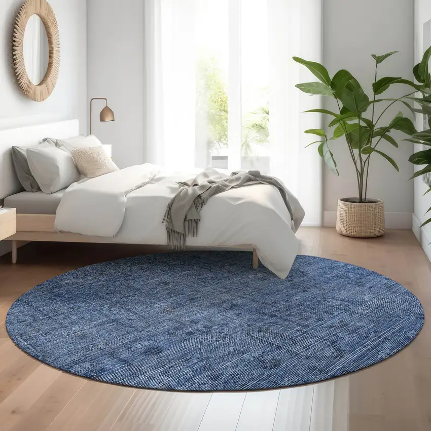 8' Navy Blue And Gray Southwestern Washable Round Rug With UV Protection Photo 5