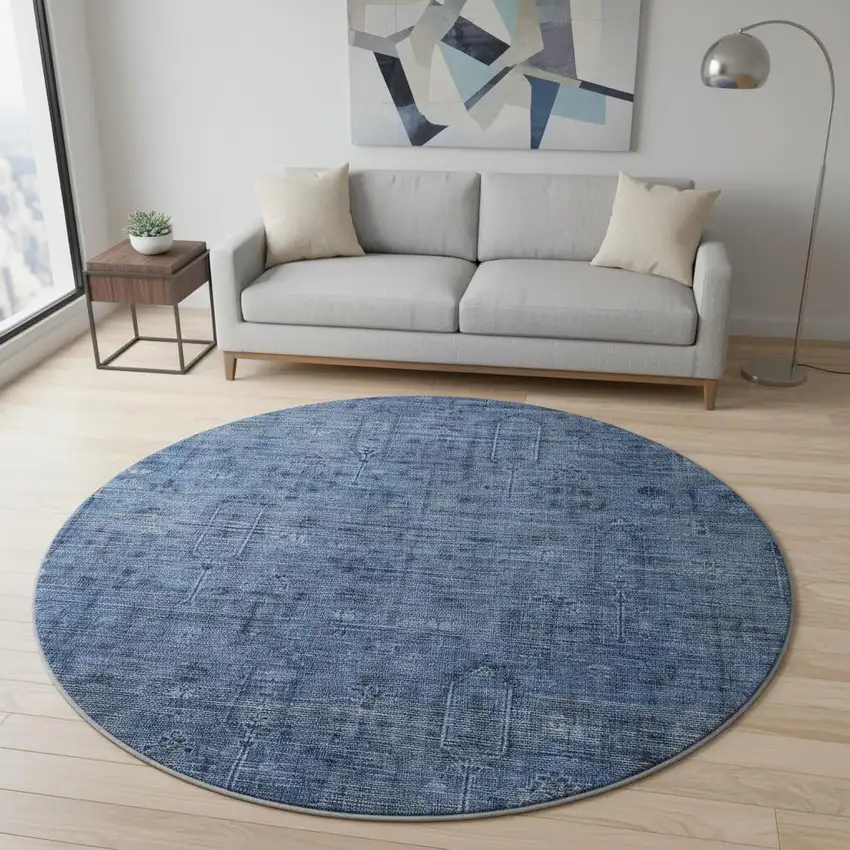 8' Navy Blue And Gray Southwestern Washable Round Rug With UV Protection Photo 2