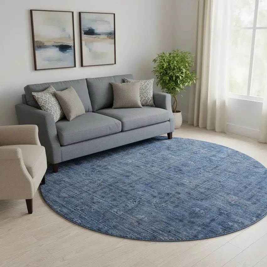 8' Navy Blue And Gray Southwestern Washable Round Rug With UV Protection Photo 1