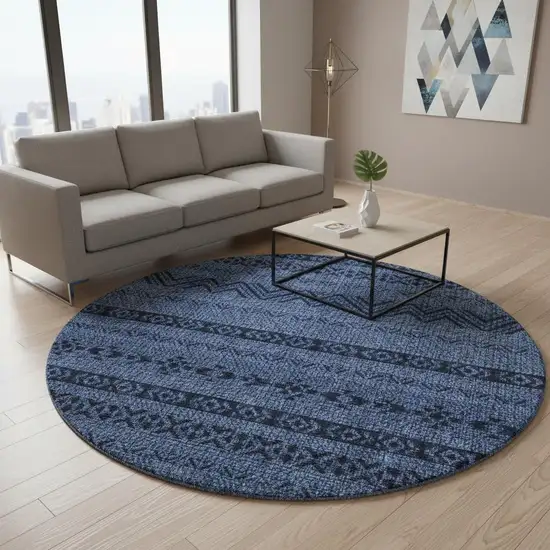 8' Navy Blue And Gray Southwestern Washable Round Rug With UV Protection Photo 2