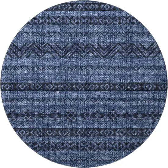 8' Navy Blue And Gray Southwestern Washable Round Rug With UV Protection Photo 3