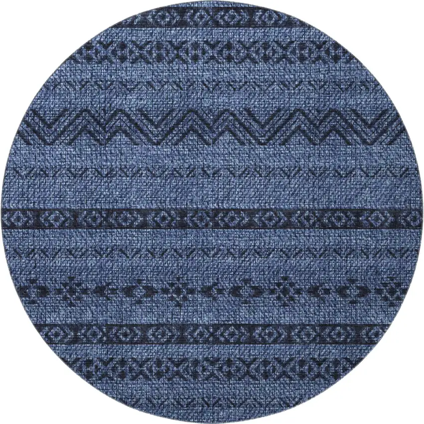 8' Navy Blue And Gray Southwestern Washable Round Rug With UV Protection Photo 3