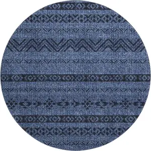 Photo of 8' Navy Blue And Gray Southwestern Washable Round Rug With UV Protection