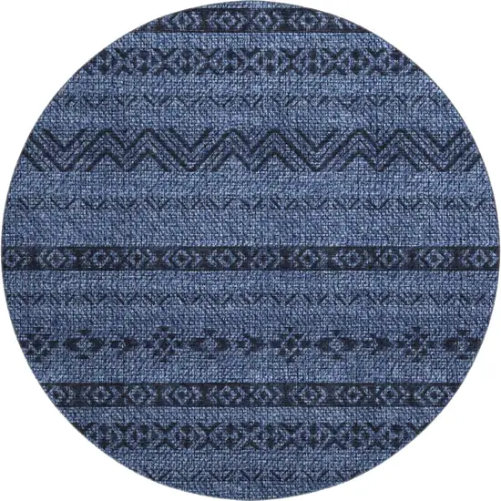 8' Navy Blue And Gray Southwestern Washable Round Rug With UV Protection Photo 1