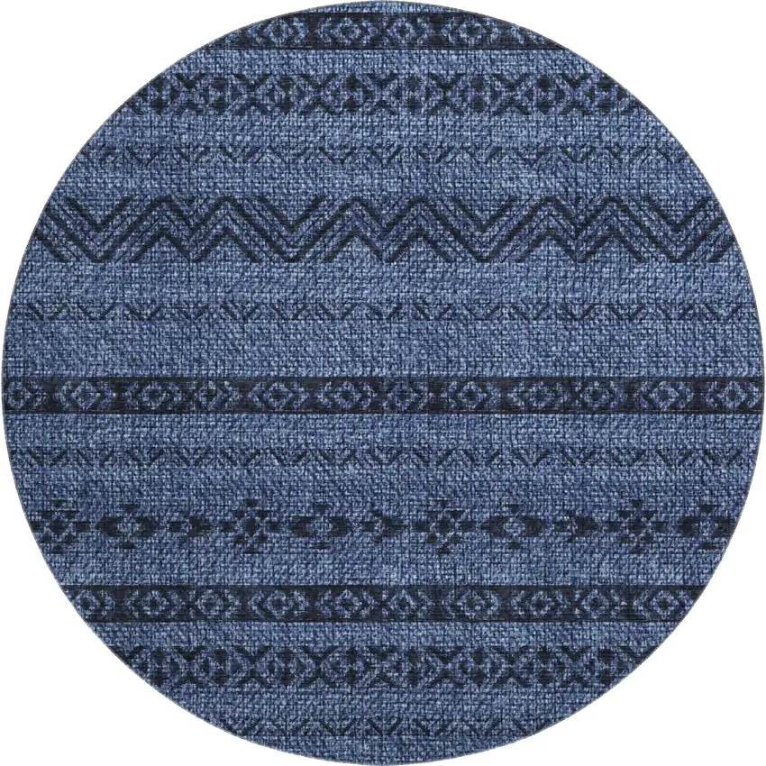 8' Navy Blue And Gray Southwestern Washable Round Rug With UV Protection Photo 1