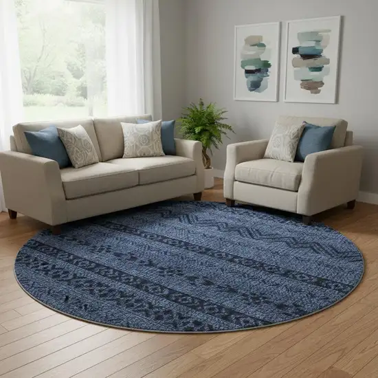 8' Navy Blue And Gray Southwestern Washable Round Rug With UV Protection Photo 1