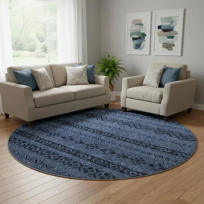 8' Navy Blue And Gray Southwestern Washable Round Rug With UV Protection Photo 1