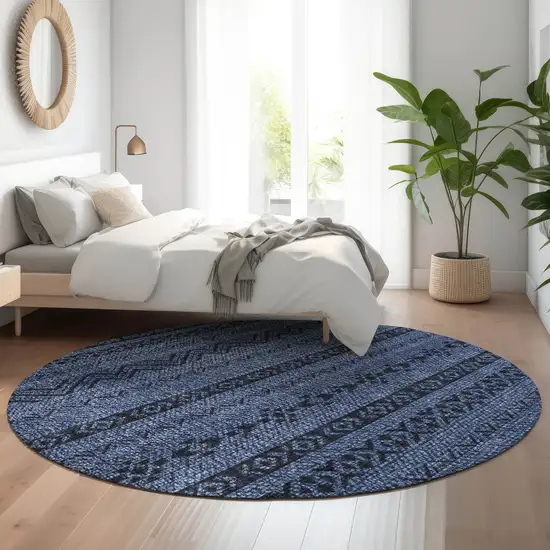 8' Navy Blue And Gray Southwestern Washable Round Rug With UV Protection Photo 4