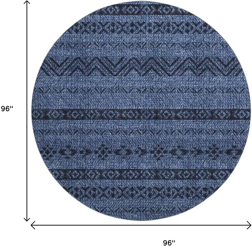 8' Navy Blue And Gray Southwestern Washable Round Rug With UV Protection Photo 9