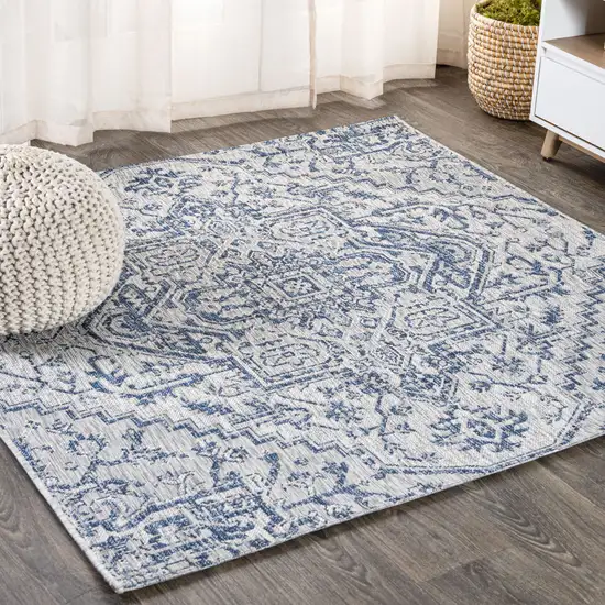 3' Navy Blue And Gray Square Medallion Indoor Outdoor Area Rug Photo 4