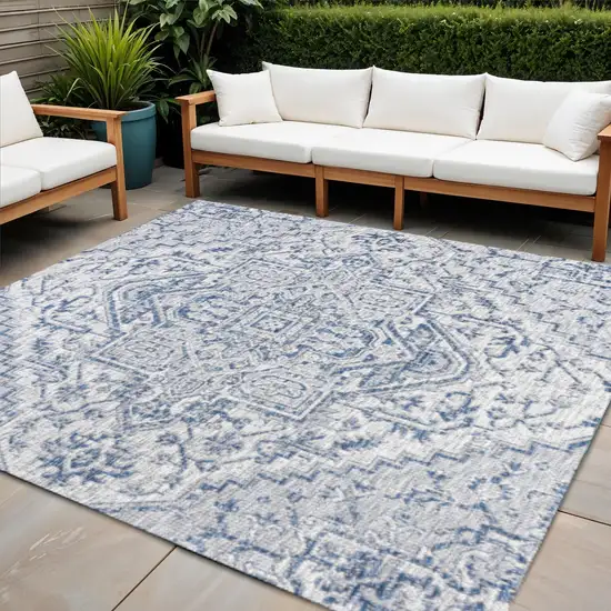 3' Navy Blue And Gray Square Medallion Indoor Outdoor Area Rug Photo 1