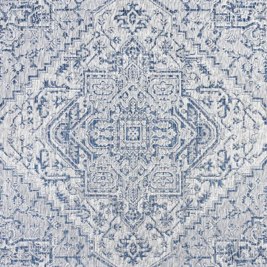 6' Navy Blue And Gray Square Medallion Indoor Outdoor Area Rug Photo 1