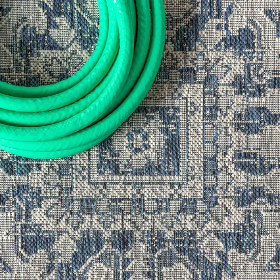 6' Navy Blue And Gray Square Medallion Indoor Outdoor Area Rug Photo 8