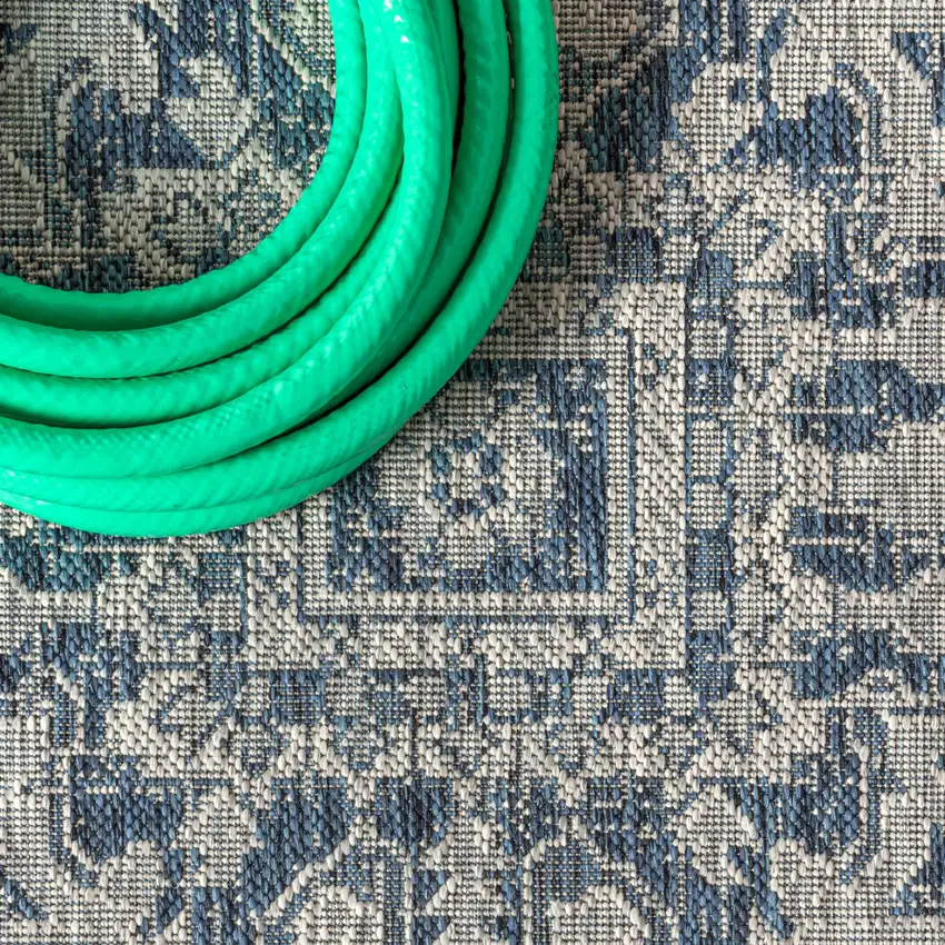 6' Navy Blue And Gray Square Medallion Indoor Outdoor Area Rug Photo 8