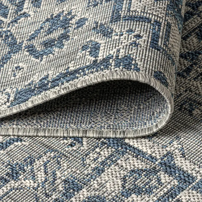 6' Navy Blue And Gray Square Medallion Indoor Outdoor Area Rug Photo 9