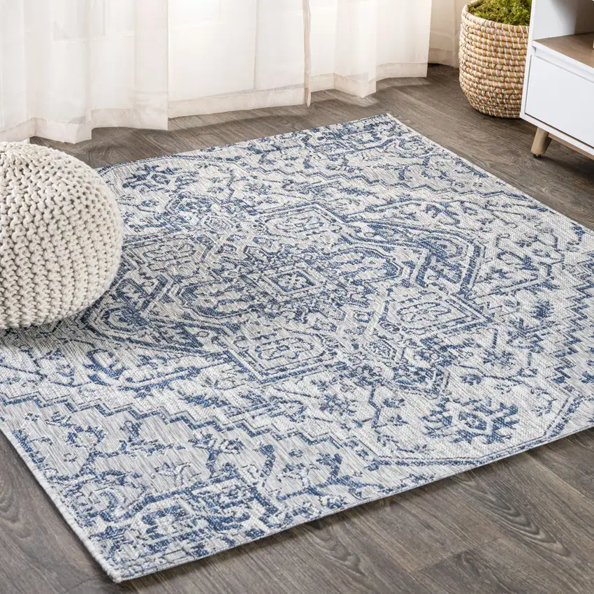 9' Navy Blue And Gray Square Medallion Indoor Outdoor Area Rug Photo 4
