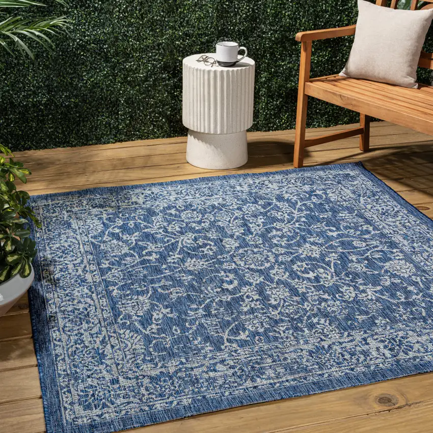 6' Navy Blue And Gray Square Medallion Indoor Outdoor Area Rug Photo 5