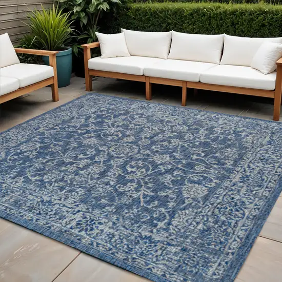 6' Navy Blue And Gray Square Medallion Indoor Outdoor Area Rug Photo 1