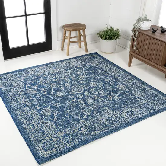 8' Navy Blue And Gray Square Medallion Indoor Outdoor Area Rug Photo 4