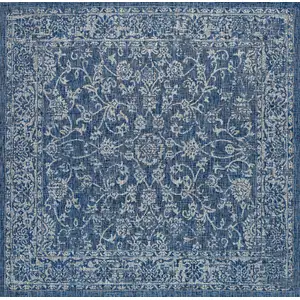 Photo of 9' Navy Blue And Gray Square Medallion Indoor Outdoor Area Rug