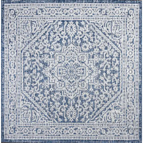 4' Navy Blue And Gray Square Medallion Indoor Outdoor Area Rug Photo 1