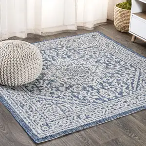 Photo of 4' Navy Blue And Gray Square Medallion Indoor Outdoor Area Rug