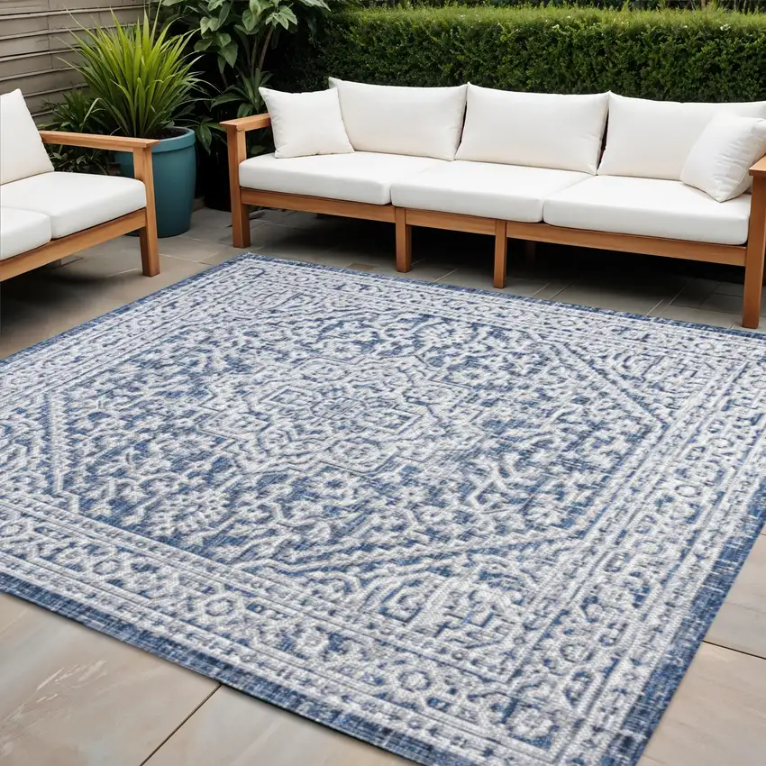 4' Navy Blue And Gray Square Medallion Indoor Outdoor Area Rug Photo 1