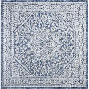 Photo of 8' Navy Blue And Gray Square Medallion Indoor Outdoor Area Rug