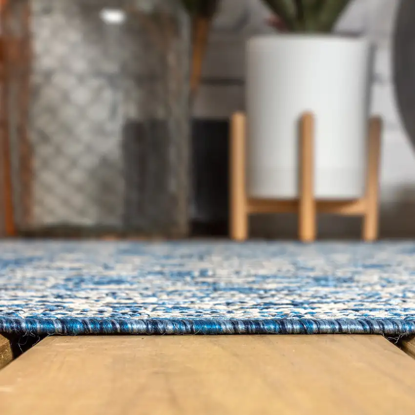 8' Navy Blue And Gray Square Medallion Indoor Outdoor Area Rug Photo 8