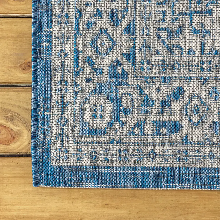 8' Navy Blue And Gray Square Medallion Indoor Outdoor Area Rug Photo 7