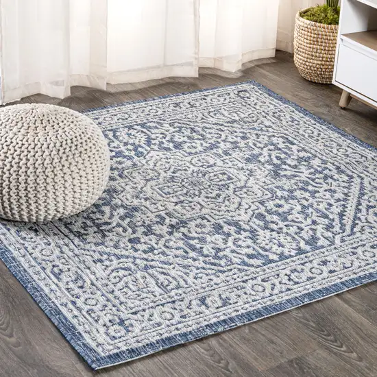 9' Navy Blue And Gray Square Medallion Indoor Outdoor Area Rug Photo 4