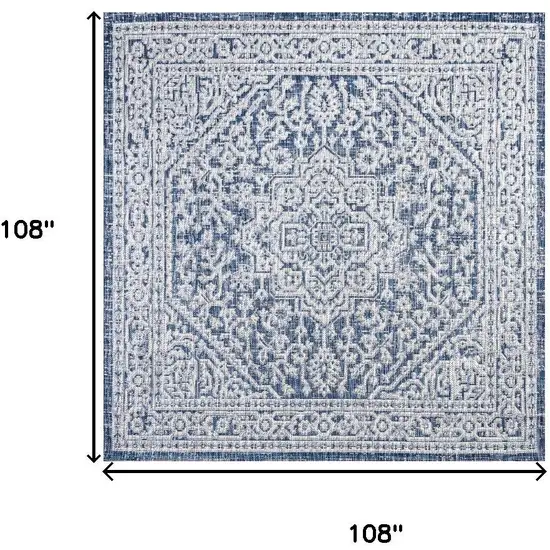 9' Navy Blue And Gray Square Medallion Indoor Outdoor Area Rug Photo 8