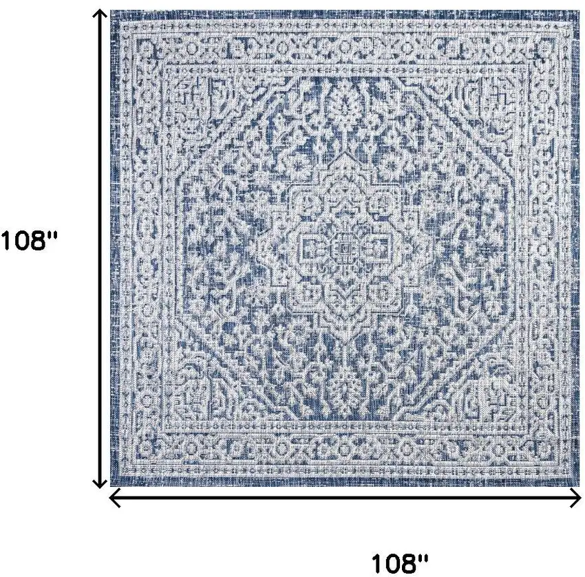 9' Navy Blue And Gray Square Medallion Indoor Outdoor Area Rug Photo 8