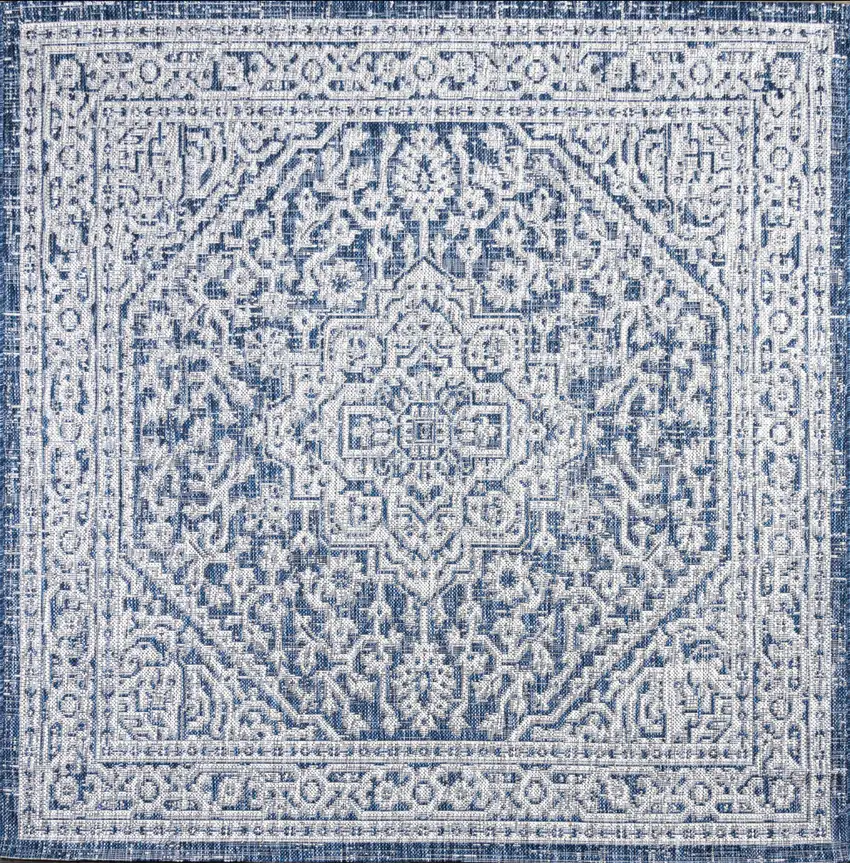 9' Navy Blue And Gray Square Medallion Indoor Outdoor Area Rug Photo 1
