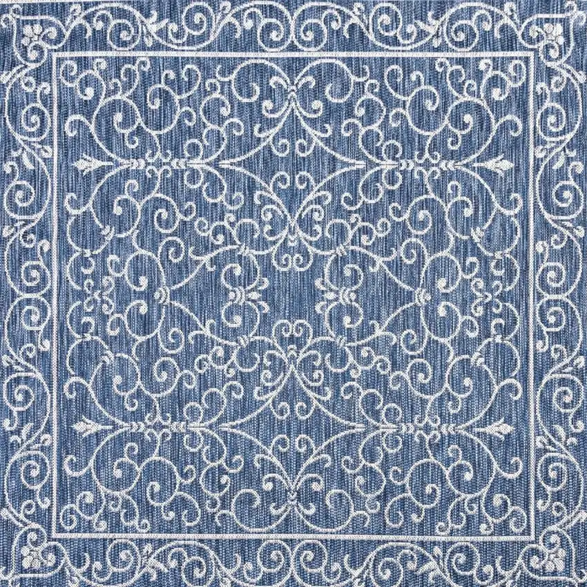 6' Navy Blue And Gray Square Medallion Indoor Outdoor Area Rug Photo 3