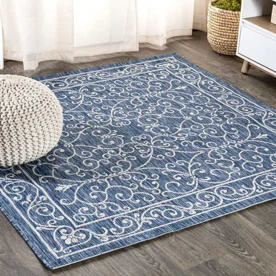 8' Navy Blue And Gray Square Medallion Indoor Outdoor Area Rug Photo 4